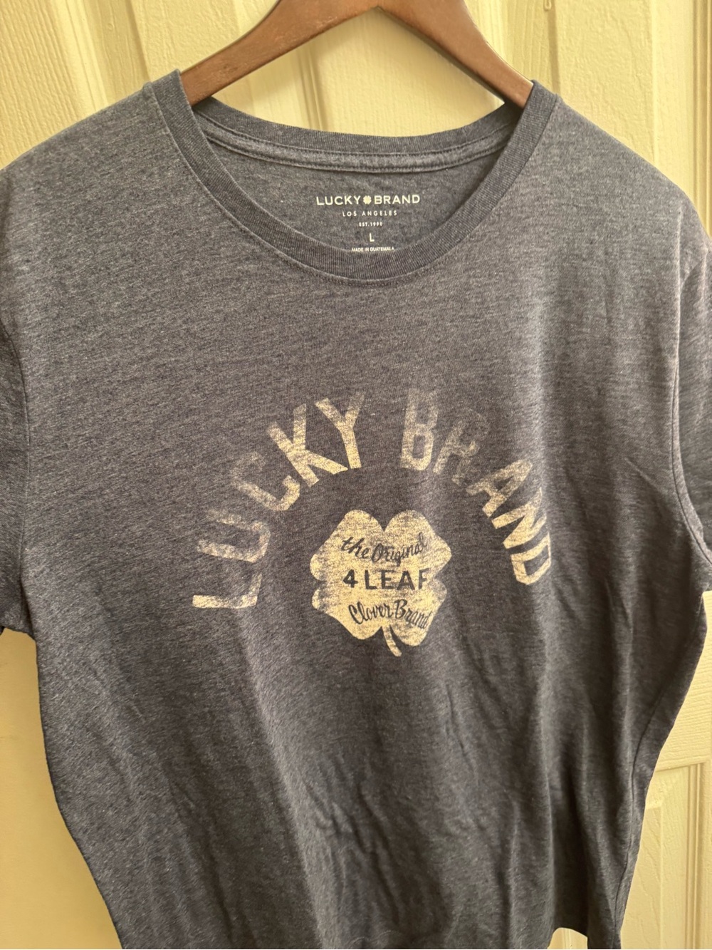Lucky Brand Heather Gray Short Sleeve Tee with Faded Yellow Clover Graphic